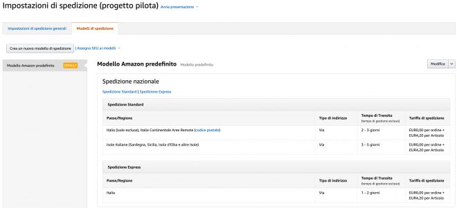 Amazon: creazione modelli di spedizione